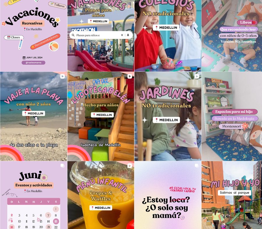 Captura real de mi cuenta de Instagram antes: publicaciones con planes para hacer con niños, lugares, recomendaciones y piezas gráficas informativas
