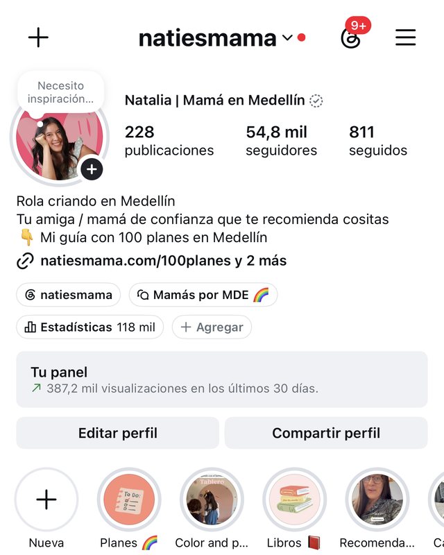 Captura real de mi perfil de Instagram, natiesmama: 54,8 mil seguidores y 387,2 mil visualizaciones en los últimos 30 días