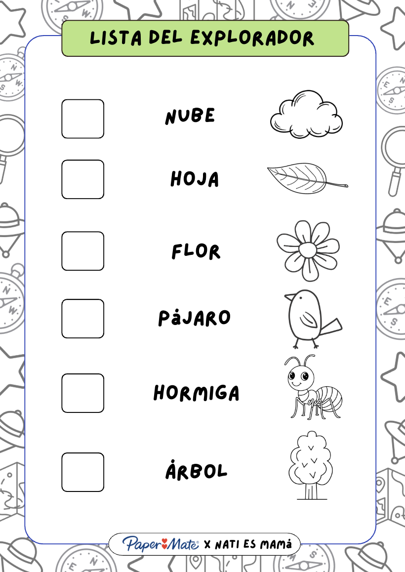 Hoja imprimible Lista del Explorador para buscar elementos de la naturaleza